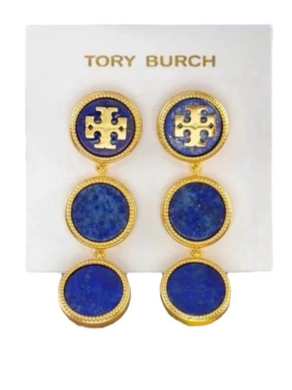 Tory Burch Royal Blue and Gold Triple-Drop Logo Earrings